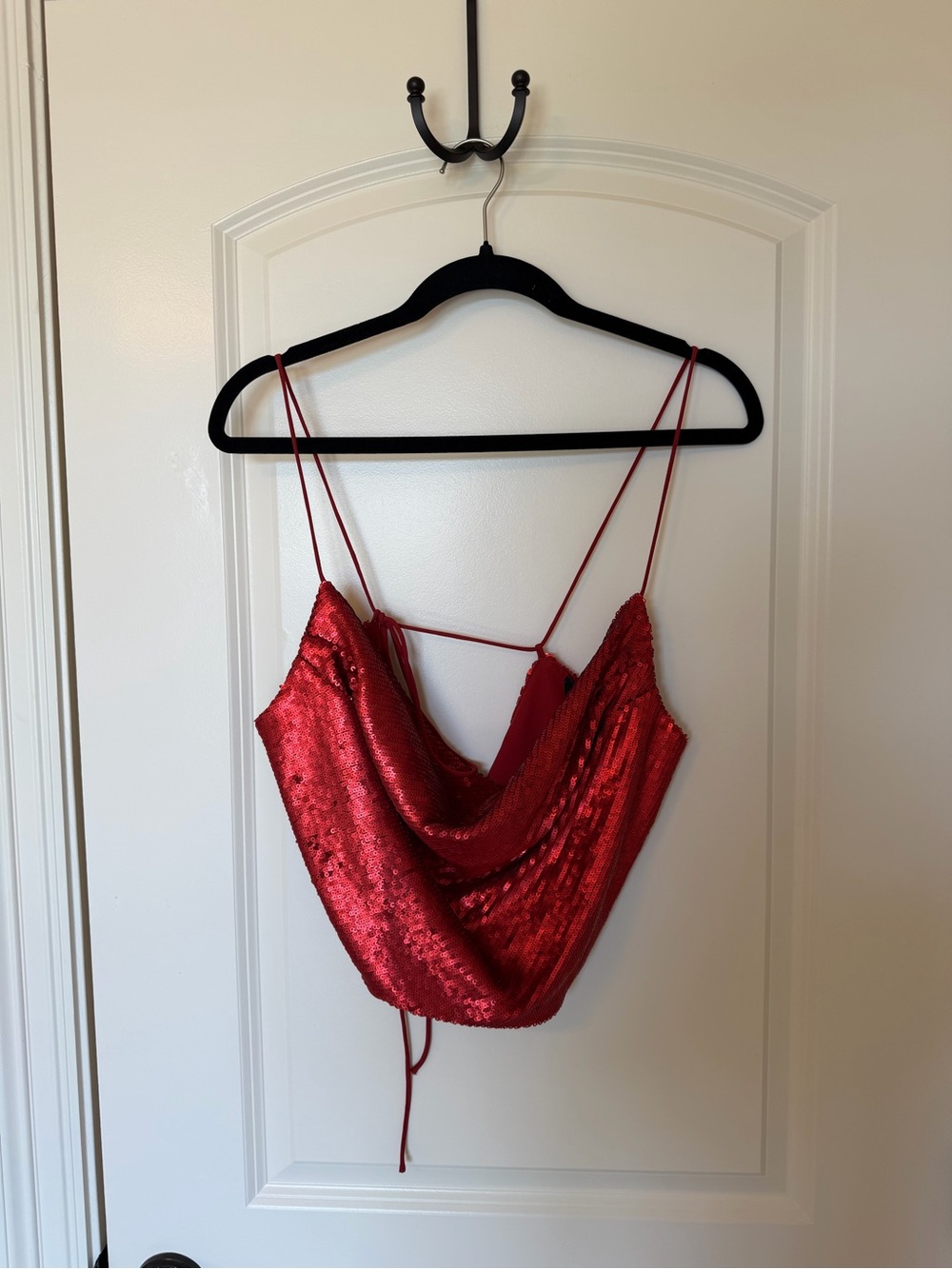 Zara Red Sequin Cowl Neck and Backless Crop Top